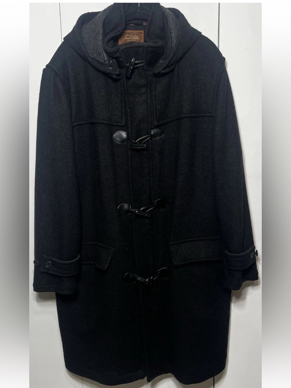 VTG Tasso Elba Men's Black Blend XL 90% Wool 10% Nylon 3/4 Trench, Pea Coat Hood